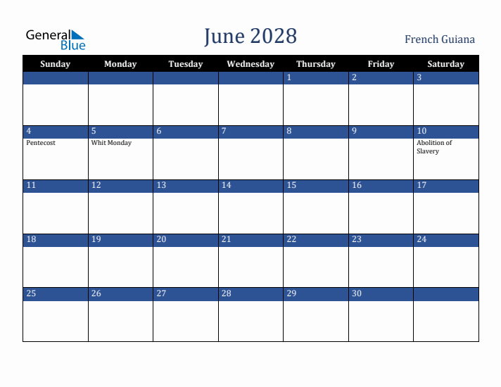 June 2028 French Guiana Calendar (Sunday Start)