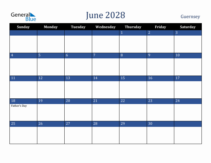 June 2028 Guernsey Calendar (Sunday Start)
