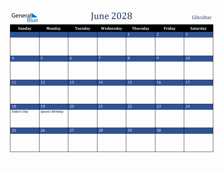 June 2028 Gibraltar Calendar (Sunday Start)