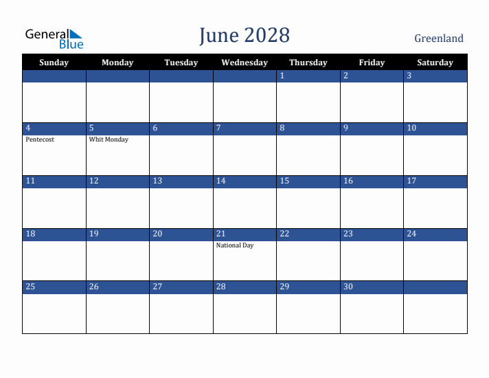 June 2028 Greenland Calendar (Sunday Start)
