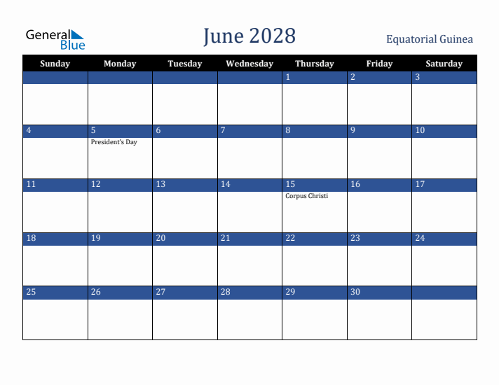 June 2028 Equatorial Guinea Calendar (Sunday Start)