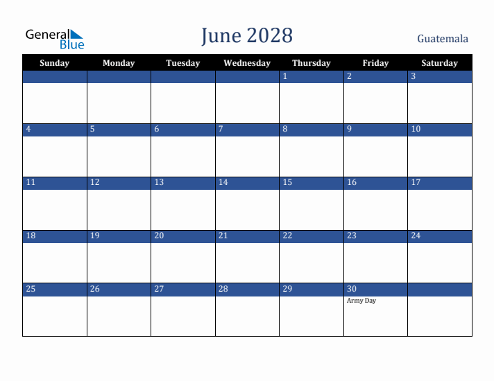 June 2028 Guatemala Calendar (Sunday Start)