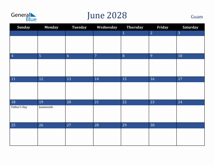 June 2028 Guam Calendar (Sunday Start)