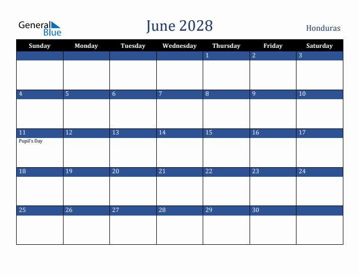 June 2028 Honduras Calendar (Sunday Start)