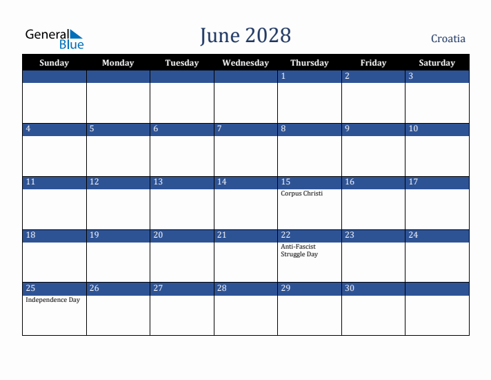 June 2028 Croatia Calendar (Sunday Start)