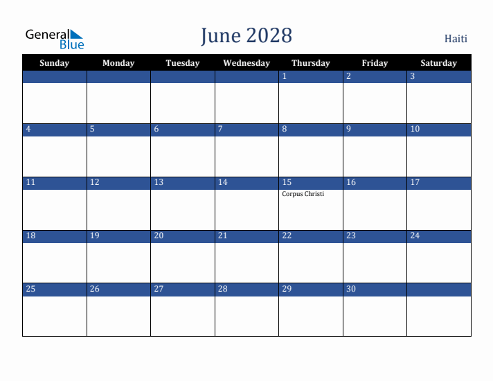 June 2028 Haiti Calendar (Sunday Start)