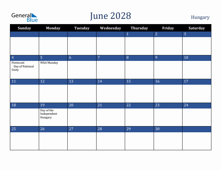 June 2028 Hungary Calendar (Sunday Start)