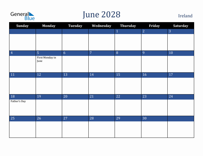 June 2028 Ireland Calendar (Sunday Start)