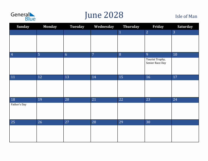 June 2028 Isle of Man Calendar (Sunday Start)