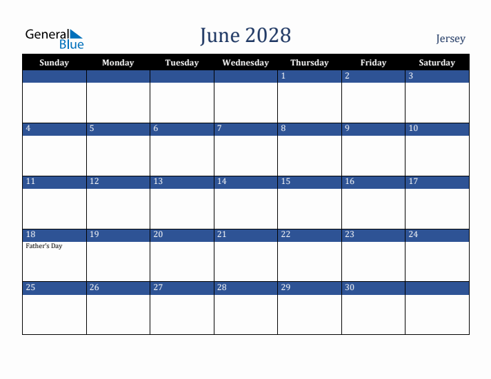 June 2028 Jersey Calendar (Sunday Start)