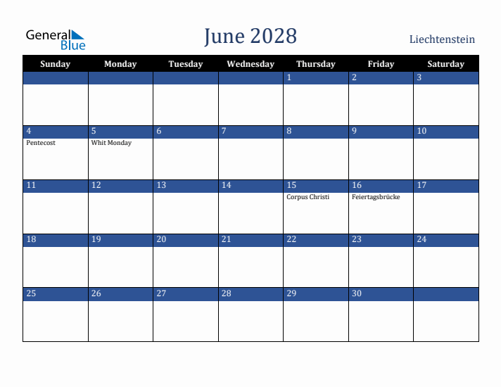 June 2028 Liechtenstein Calendar (Sunday Start)