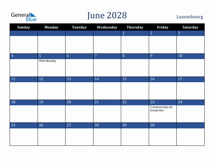 June 2028 Luxembourg Calendar (Sunday Start)