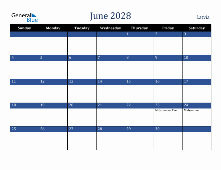 June 2028 Latvia Calendar (Sunday Start)