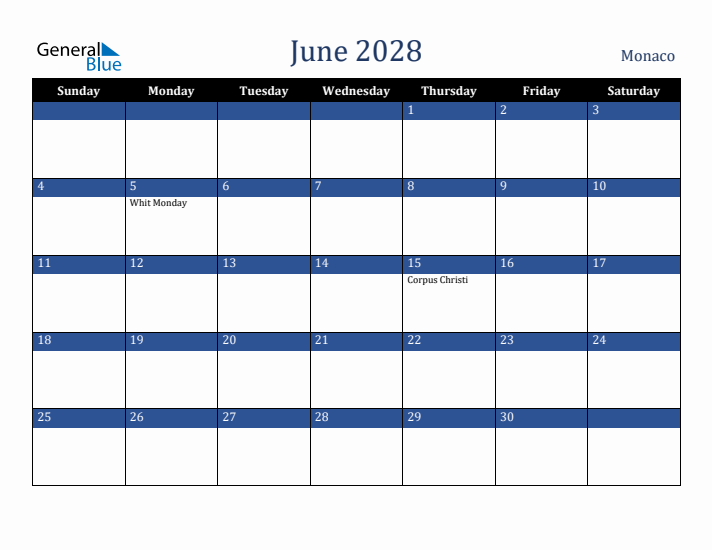 June 2028 Monaco Calendar (Sunday Start)