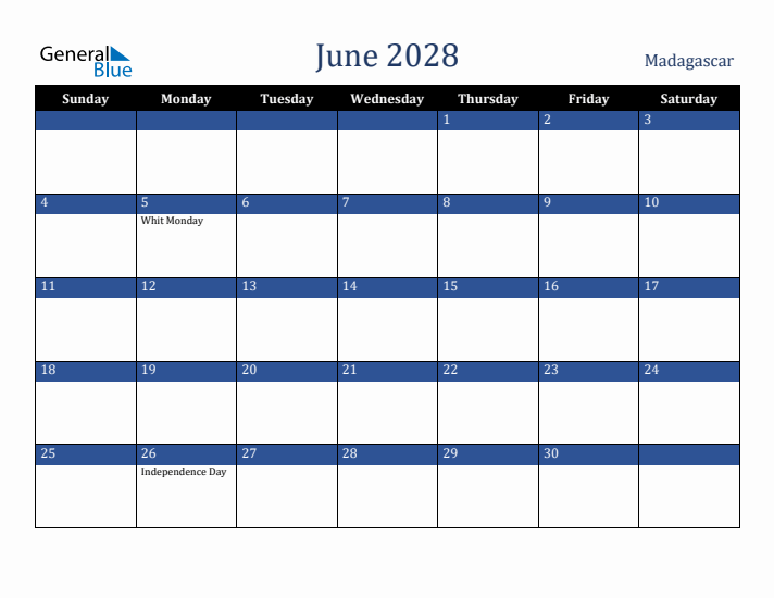 June 2028 Madagascar Calendar (Sunday Start)