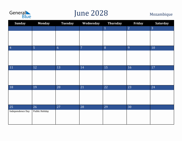 June 2028 Mozambique Calendar (Sunday Start)