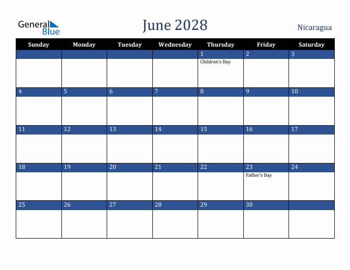 June 2028 Nicaragua Calendar (Sunday Start)