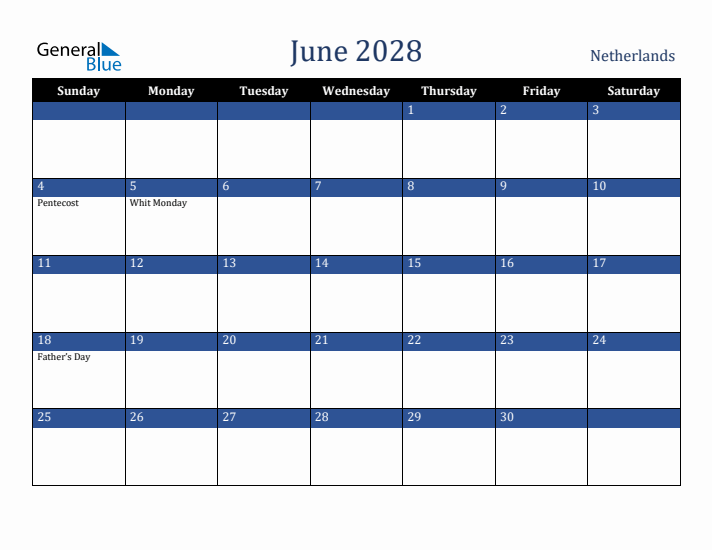 June 2028 The Netherlands Calendar (Sunday Start)