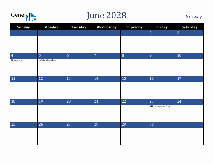 June 2028 Norway Calendar (Sunday Start)