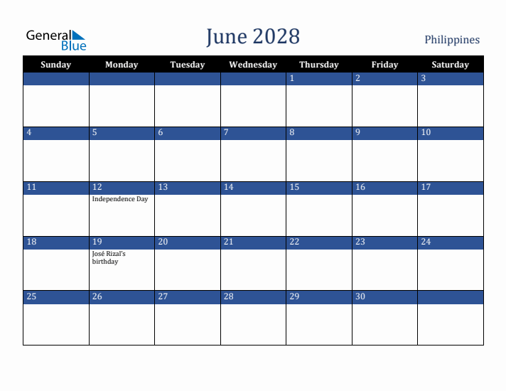 June 2028 Philippines Calendar (Sunday Start)
