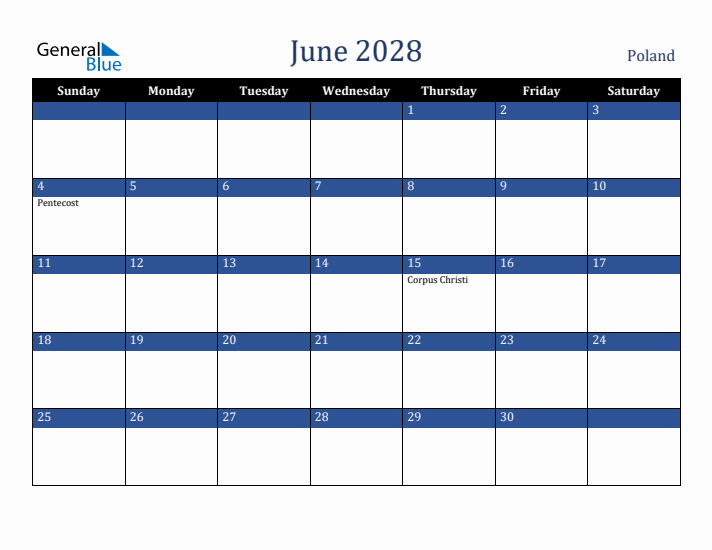 June 2028 Poland Calendar (Sunday Start)