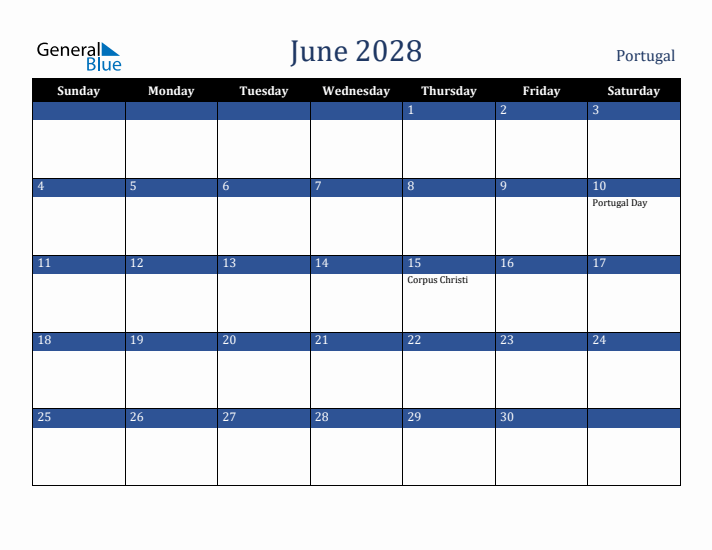 June 2028 Portugal Calendar (Sunday Start)