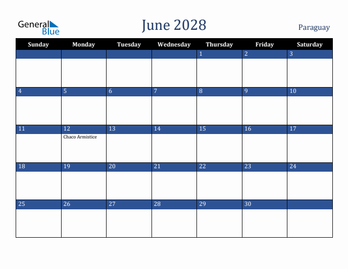 June 2028 Paraguay Calendar (Sunday Start)