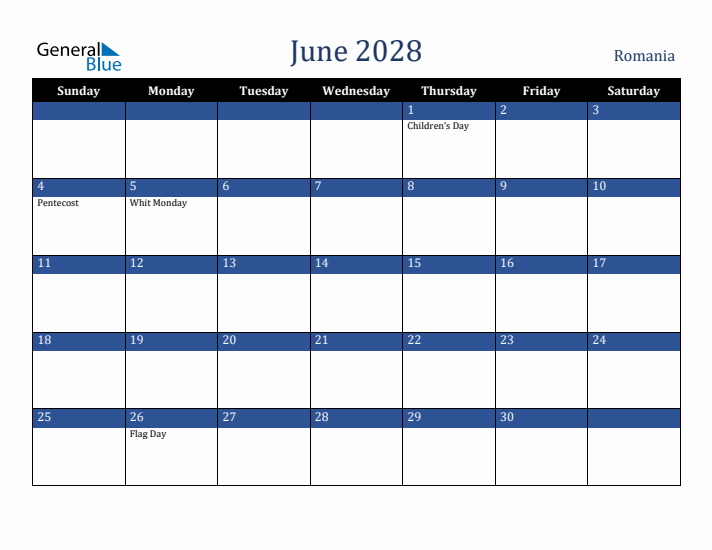 June 2028 Romania Calendar (Sunday Start)