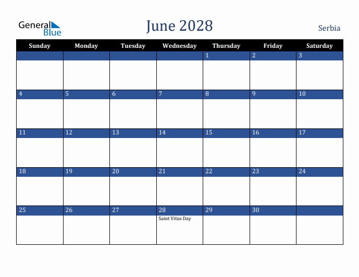June 2028 Serbia Calendar (Sunday Start)