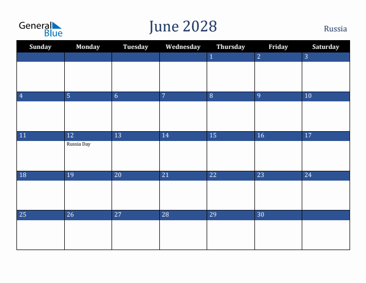 June 2028 Russia Calendar (Sunday Start)