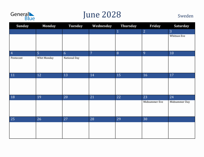 June 2028 Sweden Calendar (Sunday Start)