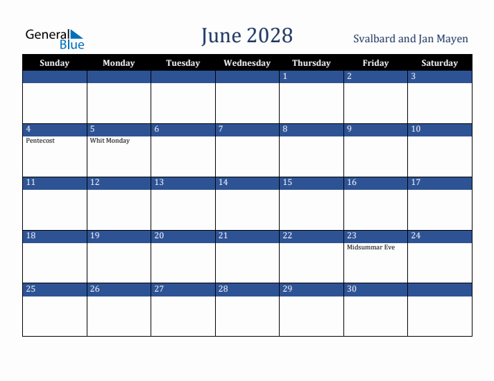 June 2028 Svalbard and Jan Mayen Calendar (Sunday Start)