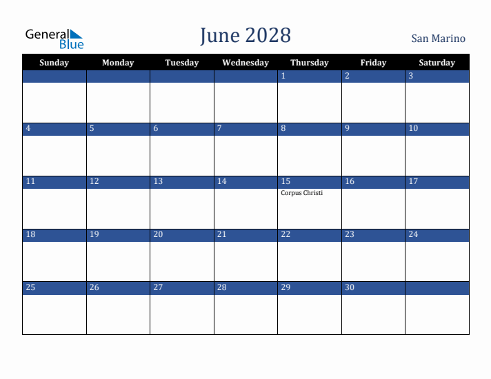 June 2028 San Marino Calendar (Sunday Start)