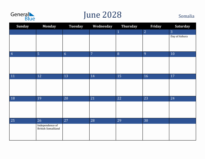 June 2028 Somalia Calendar (Sunday Start)