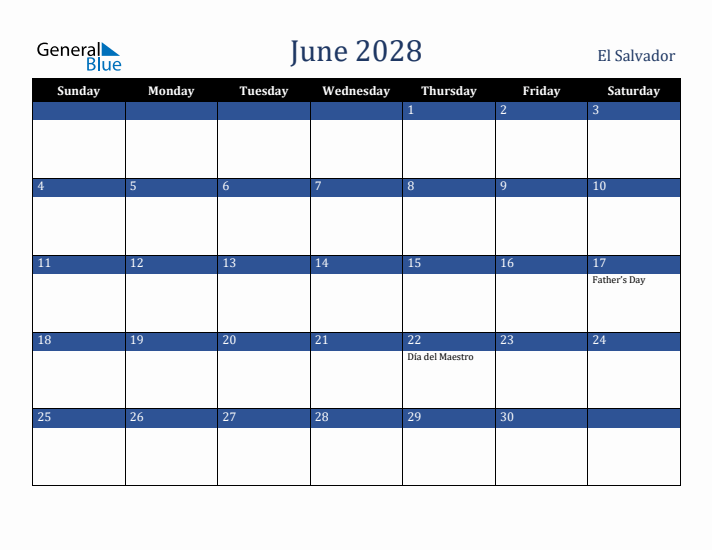 June 2028 El Salvador Calendar (Sunday Start)