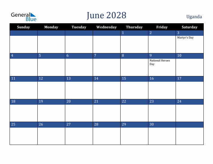 June 2028 Uganda Calendar (Sunday Start)