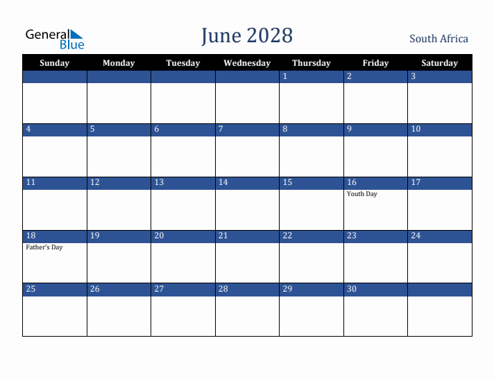 June 2028 South Africa Calendar (Sunday Start)