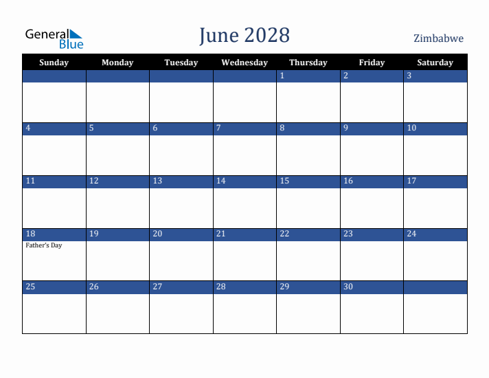June 2028 Zimbabwe Calendar (Sunday Start)