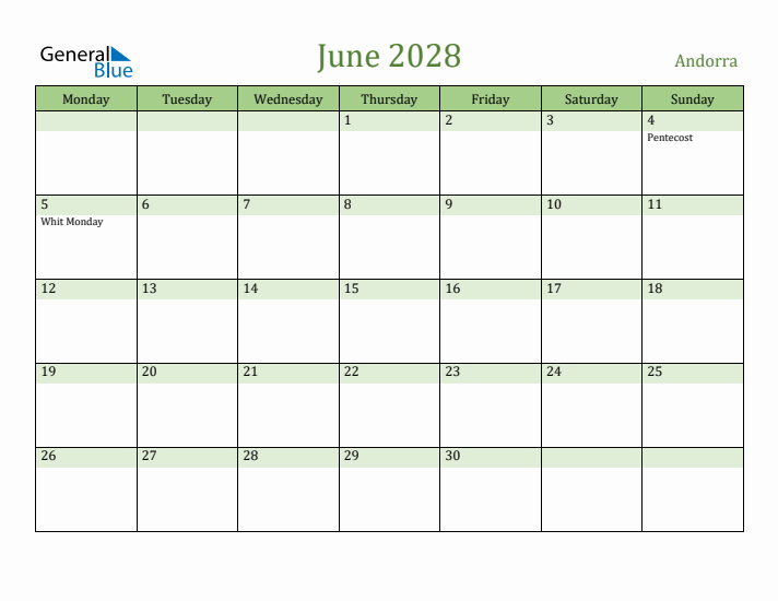 June 2028 Calendar with Andorra Holidays
