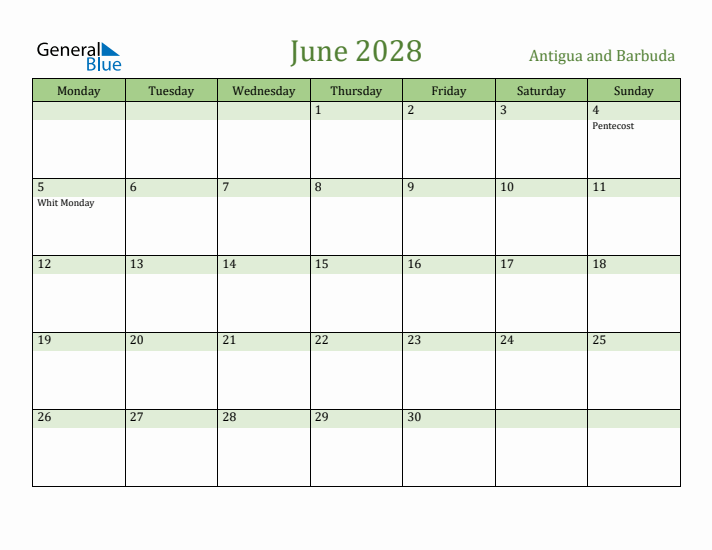 June 2028 Calendar with Antigua and Barbuda Holidays
