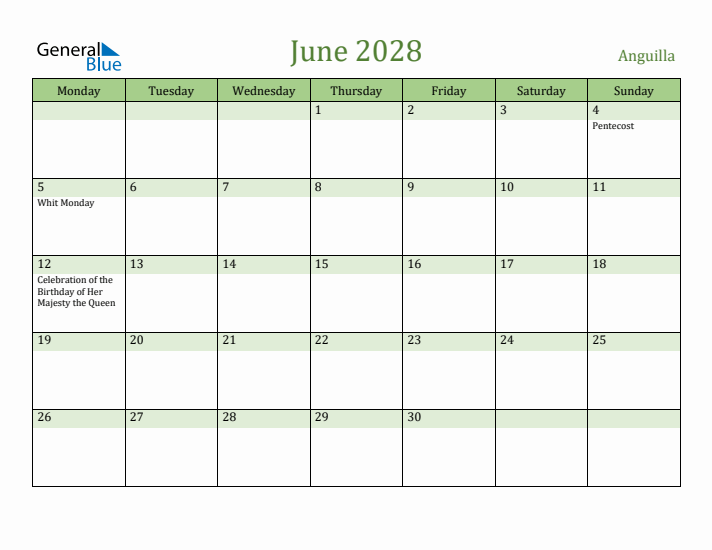 June 2028 Calendar with Anguilla Holidays