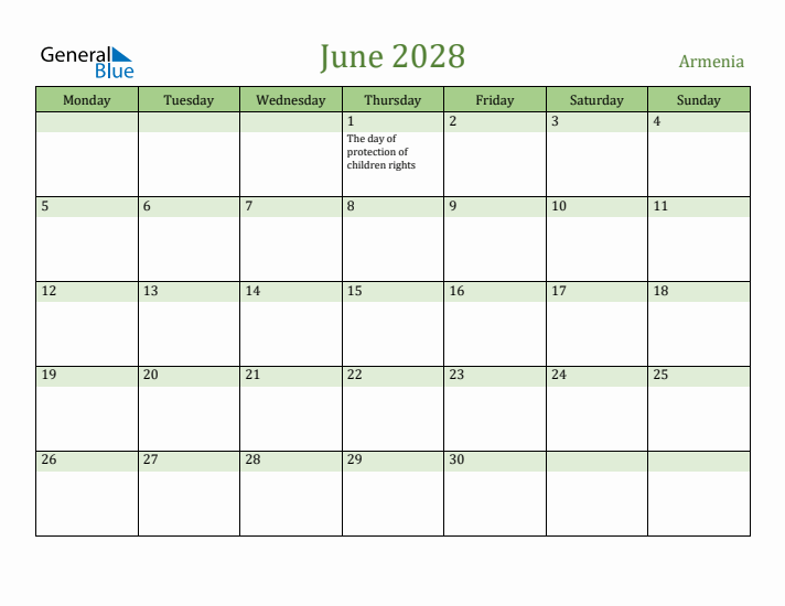 June 2028 Calendar with Armenia Holidays