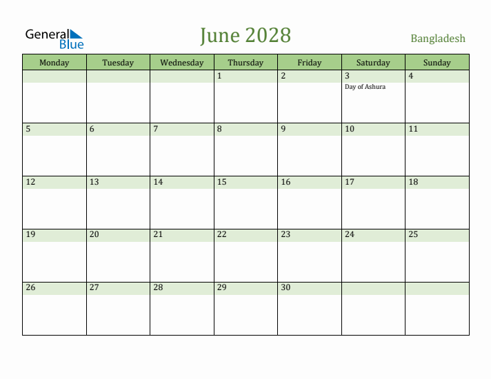 June 2028 Calendar with Bangladesh Holidays