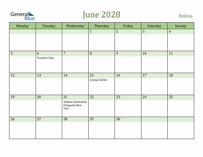 June 2028 Calendar with Bolivia Holidays
