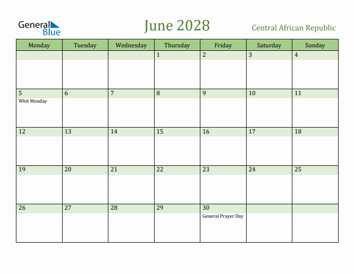 June 2028 Calendar with Central African Republic Holidays
