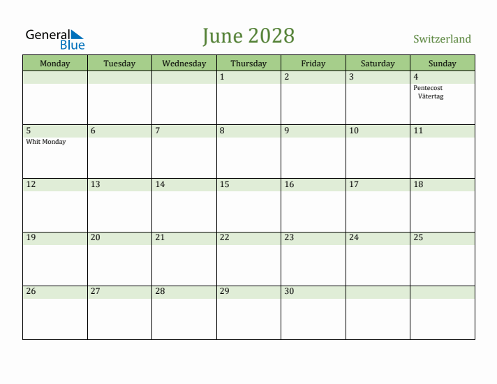 June 2028 Calendar with Switzerland Holidays