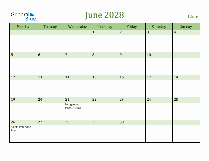 June 2028 Calendar with Chile Holidays