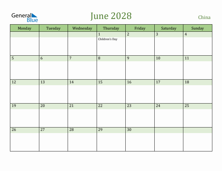 June 2028 Calendar with China Holidays