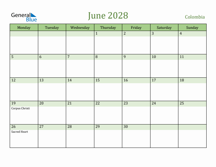 June 2028 Calendar with Colombia Holidays