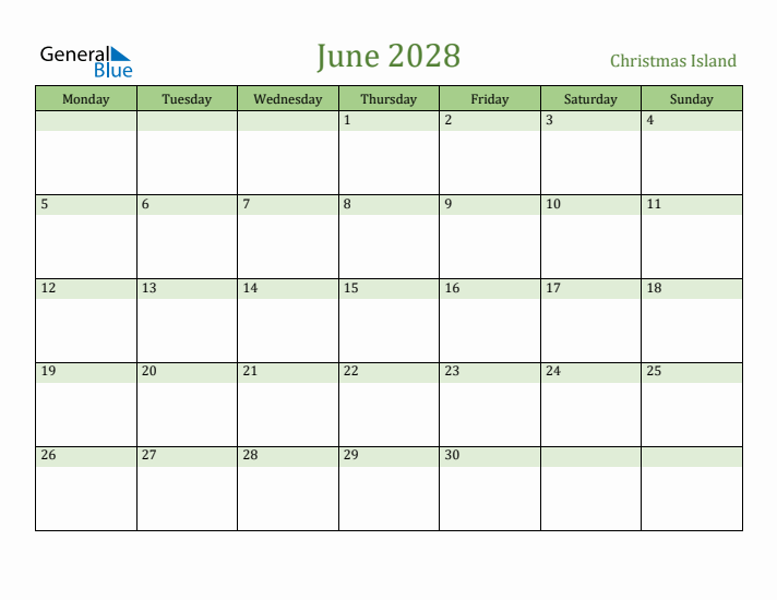 June 2028 Calendar with Christmas Island Holidays